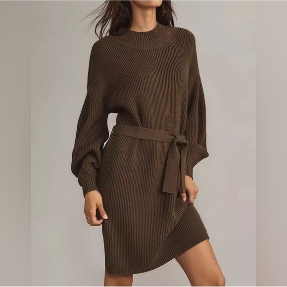 Anthropologie Maeve Long Sleeve Mock Neck Tie Waist Mini Dress Green Women's XL - Picture 2 of 8